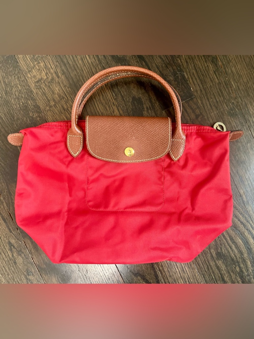 Longchamp Le Pliage Small Red Tote Bag with Brown Leather Trim